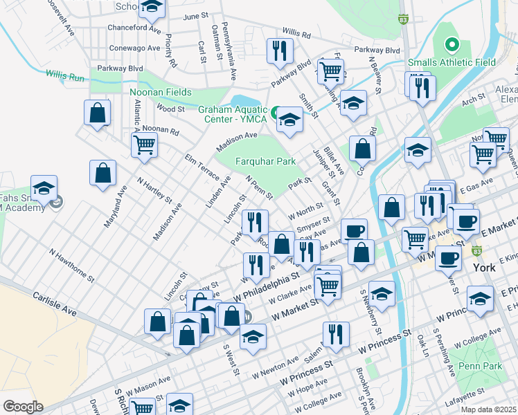 map of restaurants, bars, coffee shops, grocery stores, and more near 432 Park Street in York