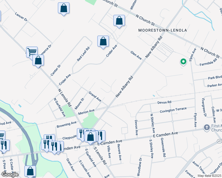 map of restaurants, bars, coffee shops, grocery stores, and more near 125 Andrews Avenue in Moorestown