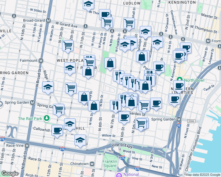 map of restaurants, bars, coffee shops, grocery stores, and more near 734 Melon Place in Philadelphia