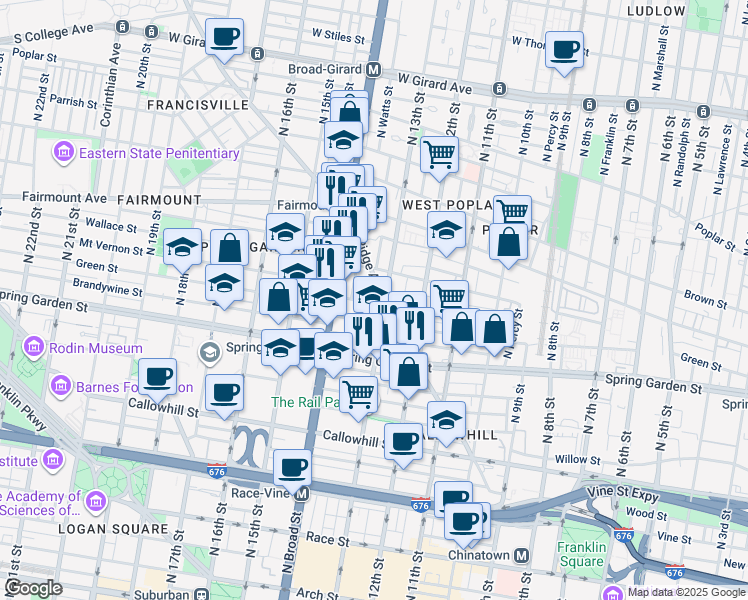 map of restaurants, bars, coffee shops, grocery stores, and more near 1307 Mount Vernon Street in Philadelphia