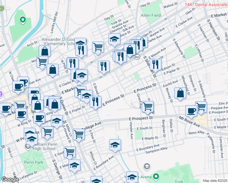 map of restaurants, bars, coffee shops, grocery stores, and more near 491 East Princess Street in York