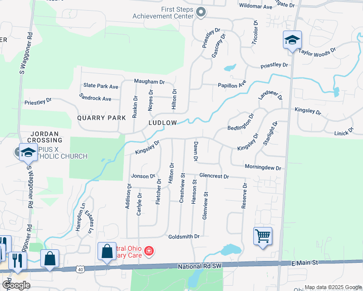 map of restaurants, bars, coffee shops, grocery stores, and more near 8198 Kingsley Drive in Reynoldsburg