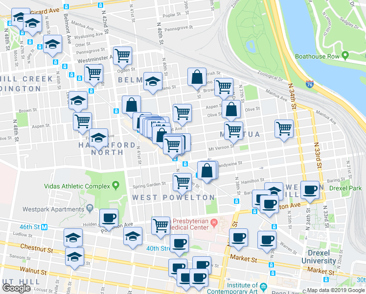 map of restaurants, bars, coffee shops, grocery stores, and more near 3954 Wallace Street in Philadelphia