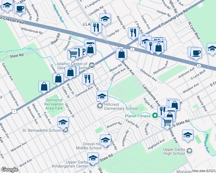 map of restaurants, bars, coffee shops, grocery stores, and more near 1117 Hollywood Avenue in Havertown