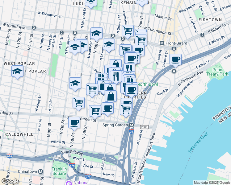 map of restaurants, bars, coffee shops, grocery stores, and more near 837 North 3rd Street in Philadelphia