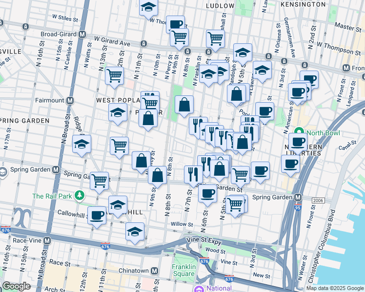 map of restaurants, bars, coffee shops, grocery stores, and more near 674 Franklin Place in Philadelphia