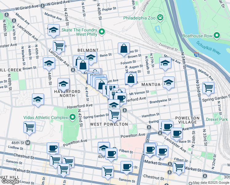 map of restaurants, bars, coffee shops, grocery stores, and more near 3954 Wallace Street in Philadelphia