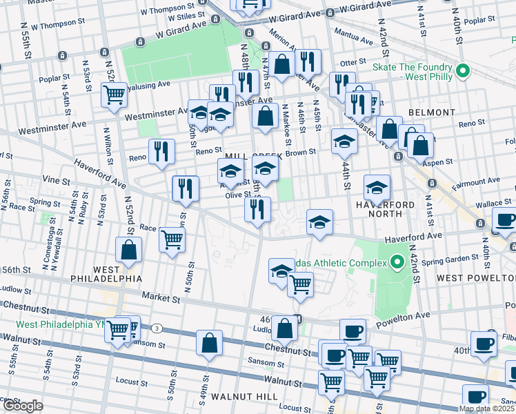 map of restaurants, bars, coffee shops, grocery stores, and more near 4804 Fairmount Avenue in Philadelphia
