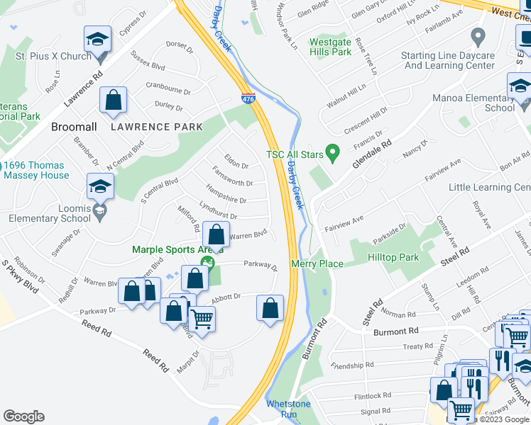 map of restaurants, bars, coffee shops, grocery stores, and more near 436 Hampshire Drive in Broomall