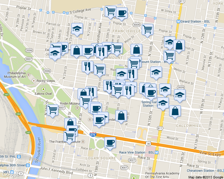 map of restaurants, bars, coffee shops, grocery stores, and more near 1836 Brandywine St in Philadelphia