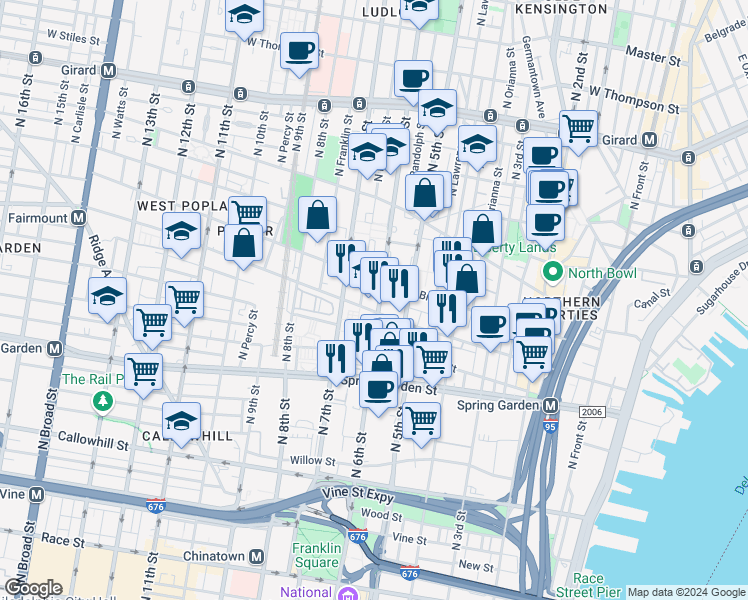 map of restaurants, bars, coffee shops, grocery stores, and more near 601 Fairmount Avenue in Philadelphia