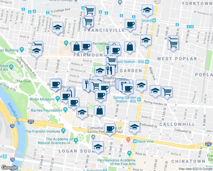 map of restaurants, bars, coffee shops, grocery stores, and more near 1713 Brandywine Street in Philadelphia