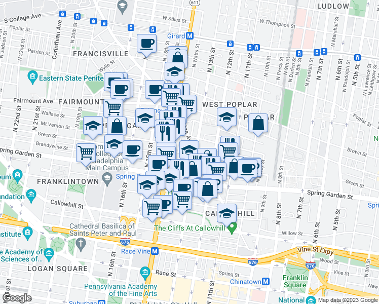 map of restaurants, bars, coffee shops, grocery stores, and more near 1309 Mount Vernon Street in Philadelphia