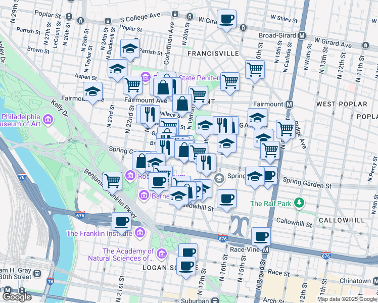 map of restaurants, bars, coffee shops, grocery stores, and more near 1836 Brandywine St in Philadelphia
