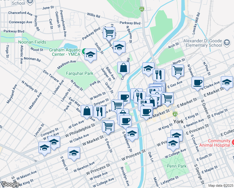 map of restaurants, bars, coffee shops, grocery stores, and more near 229 Cottage Hill Road in York