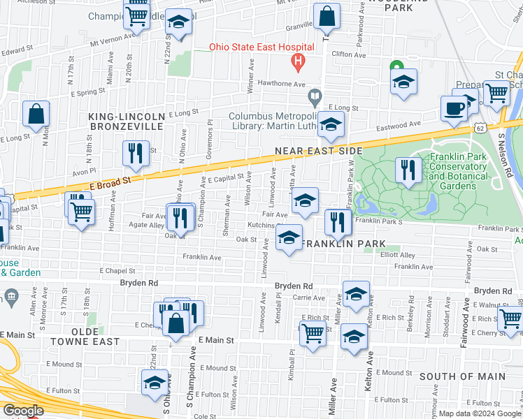 map of restaurants, bars, coffee shops, grocery stores, and more near 1316 Fair Avenue in Columbus