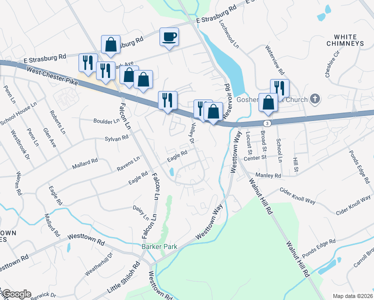 map of restaurants, bars, coffee shops, grocery stores, and more near 2618 Eagle Road in West Chester