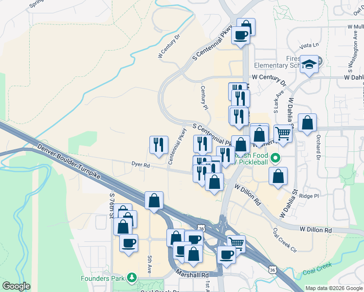 map of restaurants, bars, coffee shops, grocery stores, and more near 363 Centennial Parkway in Louisville