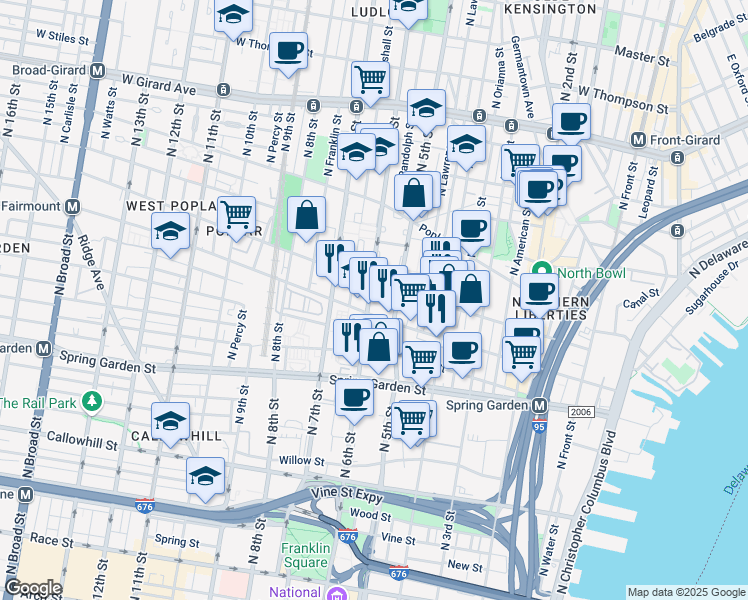 map of restaurants, bars, coffee shops, grocery stores, and more near 715 North 6th Street in Philadelphia