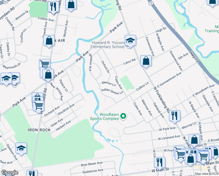 map of restaurants, bars, coffee shops, grocery stores, and more near 19 Merion Lane in Maple Shade