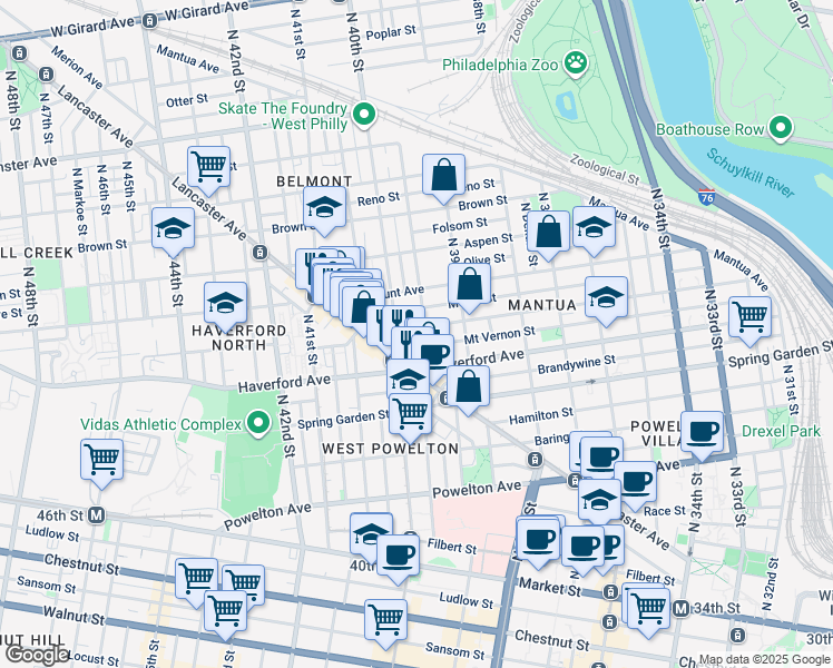 map of restaurants, bars, coffee shops, grocery stores, and more near 3948 Wallace Street in Philadelphia