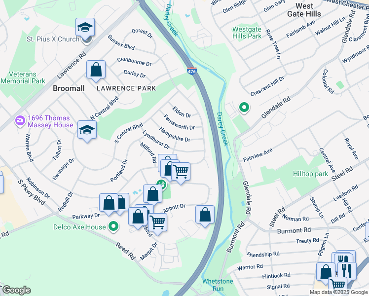 map of restaurants, bars, coffee shops, grocery stores, and more near 435 Lyndhurst Drive in Broomall