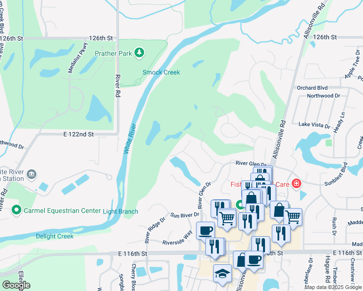 map of restaurants, bars, coffee shops, grocery stores, and more near 7053 Koldyke Place in Fishers