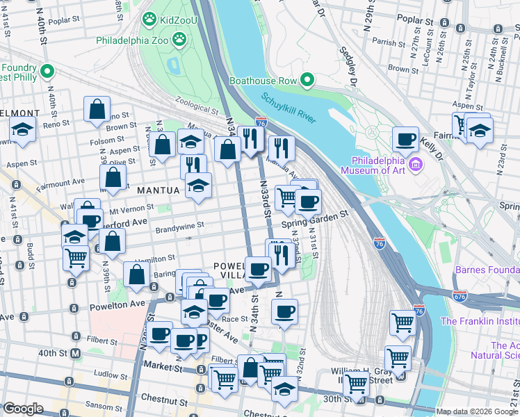 map of restaurants, bars, coffee shops, grocery stores, and more near 612-14 North 33rd Street in Philadelphia