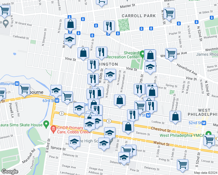 map of restaurants, bars, coffee shops, grocery stores, and more near 127 North Redfield Street in Philadelphia