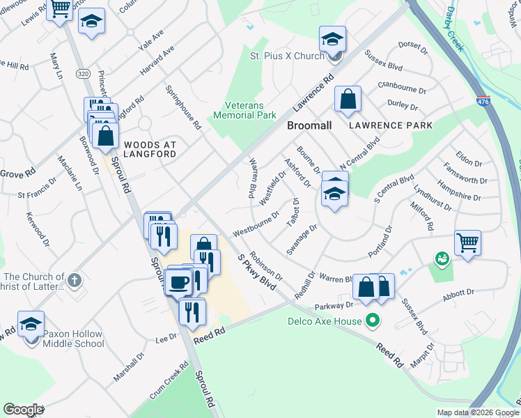 map of restaurants, bars, coffee shops, grocery stores, and more near 399 Westfield Drive in Broomall