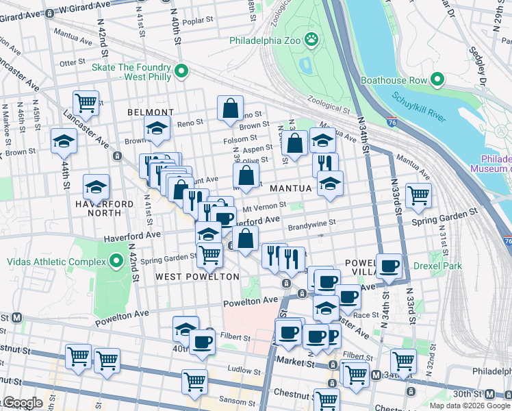 map of restaurants, bars, coffee shops, grocery stores, and more near 641 North 39th Street in Philadelphia