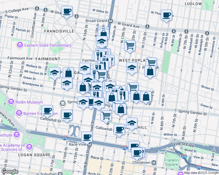 map of restaurants, bars, coffee shops, grocery stores, and more near 1315 Ridge Avenue in Philadelphia