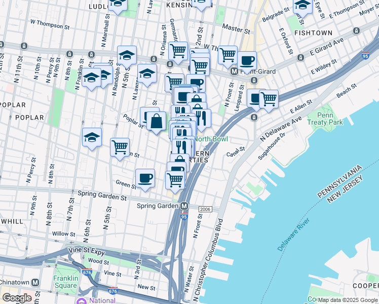 map of restaurants, bars, coffee shops, grocery stores, and more near 157 Poplar Street in Philadelphia