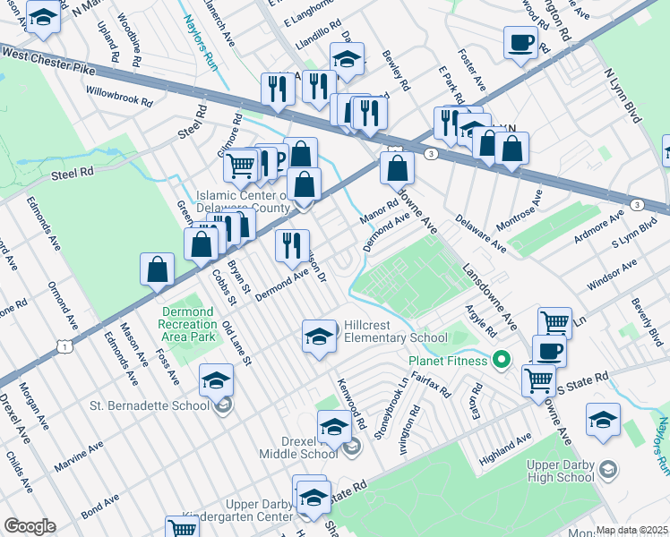 map of restaurants, bars, coffee shops, grocery stores, and more near 1132 Myrtlewood Avenue in Havertown