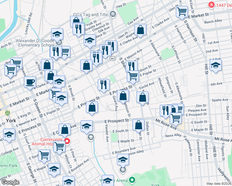 map of restaurants, bars, coffee shops, grocery stores, and more near 651 East Princess Street in York