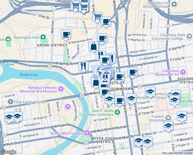 map of restaurants, bars, coffee shops, grocery stores, and more near 116 North Front Street in Columbus