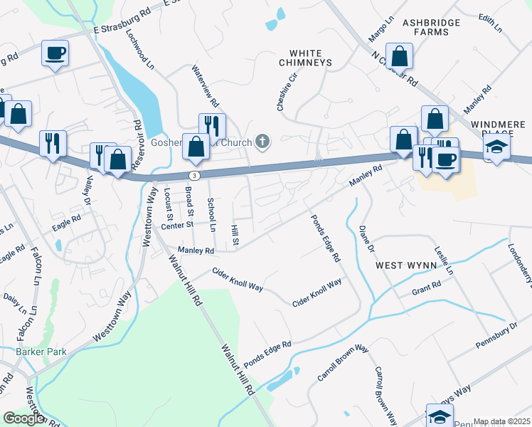 map of restaurants, bars, coffee shops, grocery stores, and more near 453 Summit House in West Chester