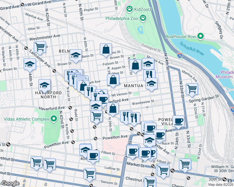 map of restaurants, bars, coffee shops, grocery stores, and more near 641 North 39th Street in Philadelphia