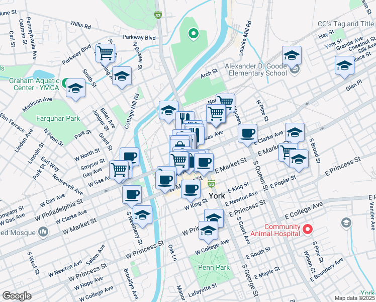 map of restaurants, bars, coffee shops, grocery stores, and more near 25 West Philadelphia Street in York