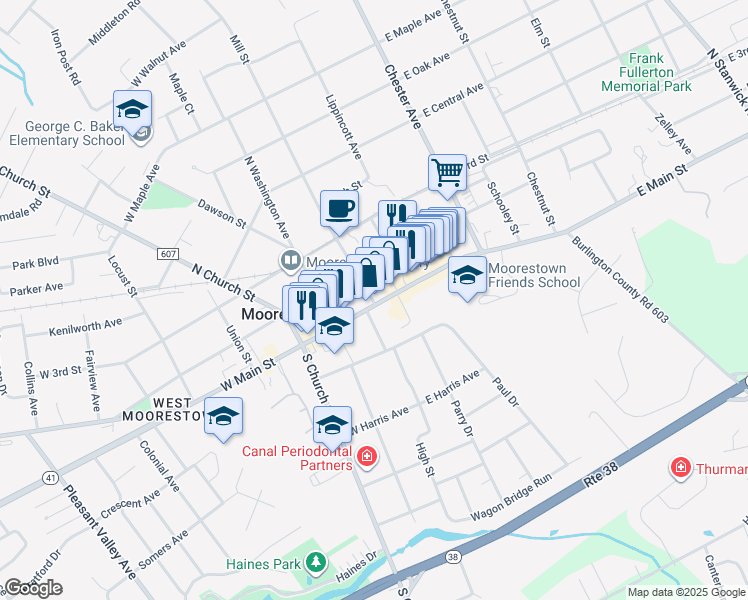map of restaurants, bars, coffee shops, grocery stores, and more near 124 Mill Street in Moorestown