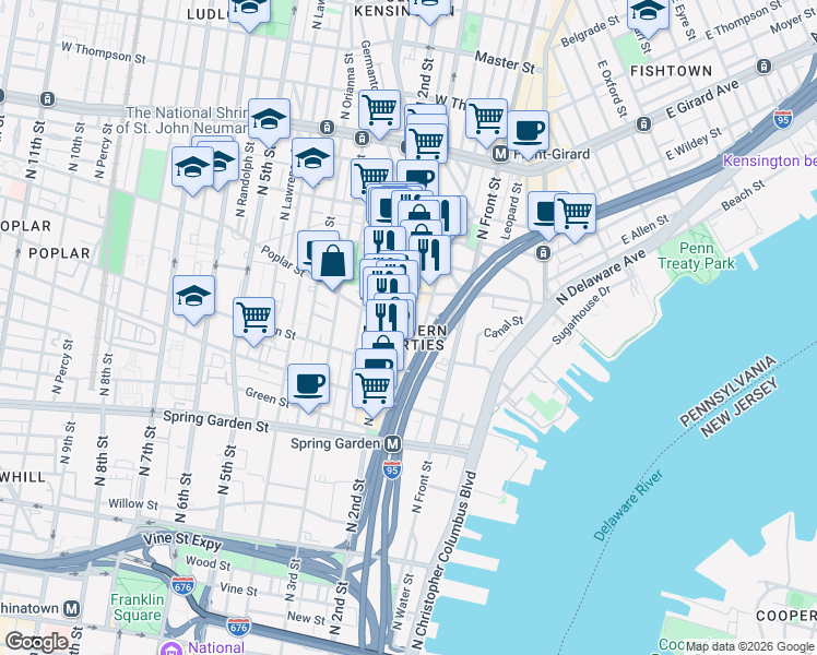 map of restaurants, bars, coffee shops, grocery stores, and more near 929 North Hancock Street in Philadelphia