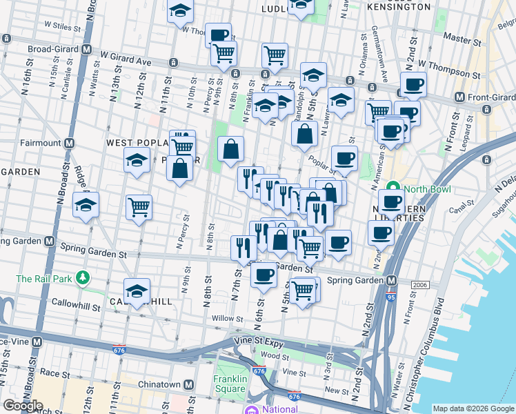 map of restaurants, bars, coffee shops, grocery stores, and more near 612 Brown Street in Philadelphia