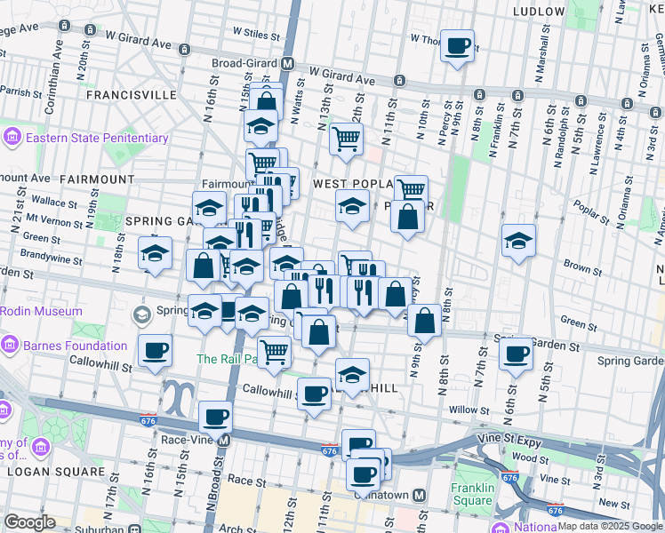 map of restaurants, bars, coffee shops, grocery stores, and more near 1204 Wallace Street in Philadelphia