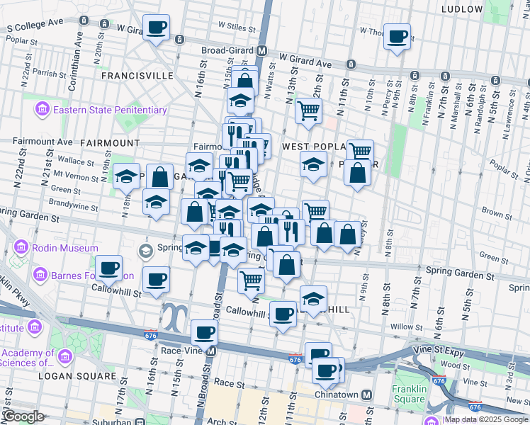 map of restaurants, bars, coffee shops, grocery stores, and more near 1315 Ridge Avenue in Philadelphia