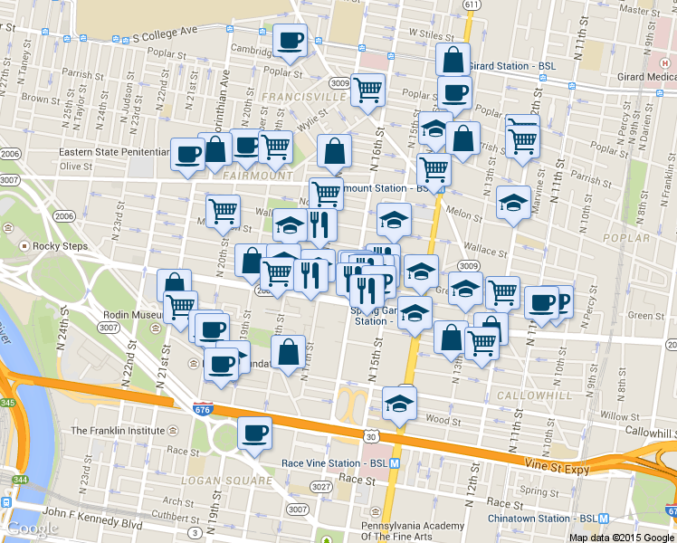 map of restaurants, bars, coffee shops, grocery stores, and more near 1619 Mount Vernon Street in Philadelphia