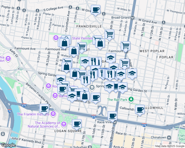 map of restaurants, bars, coffee shops, grocery stores, and more near 1705 Green Street in Philadelphia