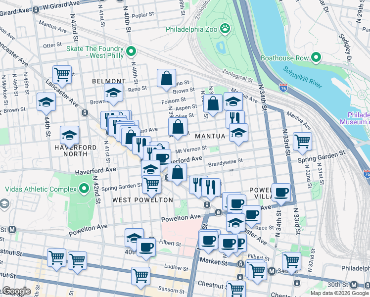 map of restaurants, bars, coffee shops, grocery stores, and more near 641 North 39th Street in Philadelphia