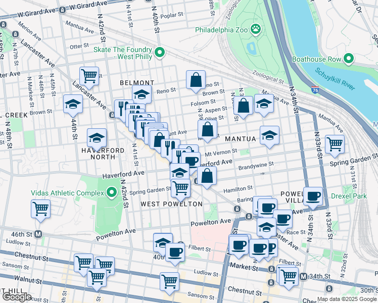 map of restaurants, bars, coffee shops, grocery stores, and more near 3919 Wallace Street in Philadelphia