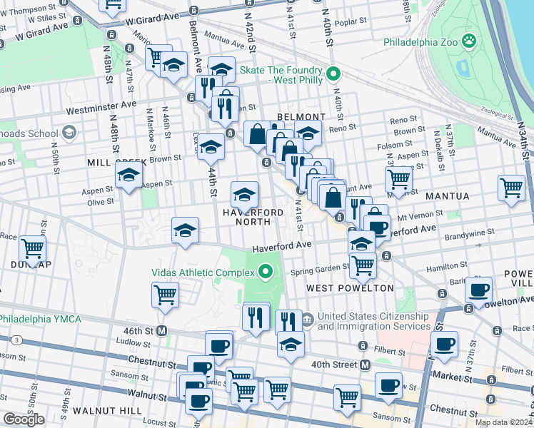 map of restaurants, bars, coffee shops, grocery stores, and more near 673 North 42nd Street in Philadelphia