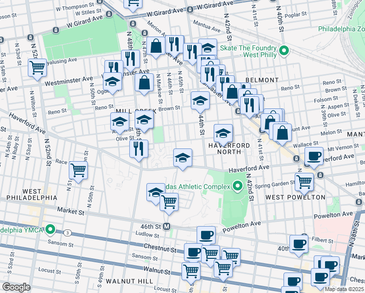 map of restaurants, bars, coffee shops, grocery stores, and more near 701A North 46th Street in Philadelphia
